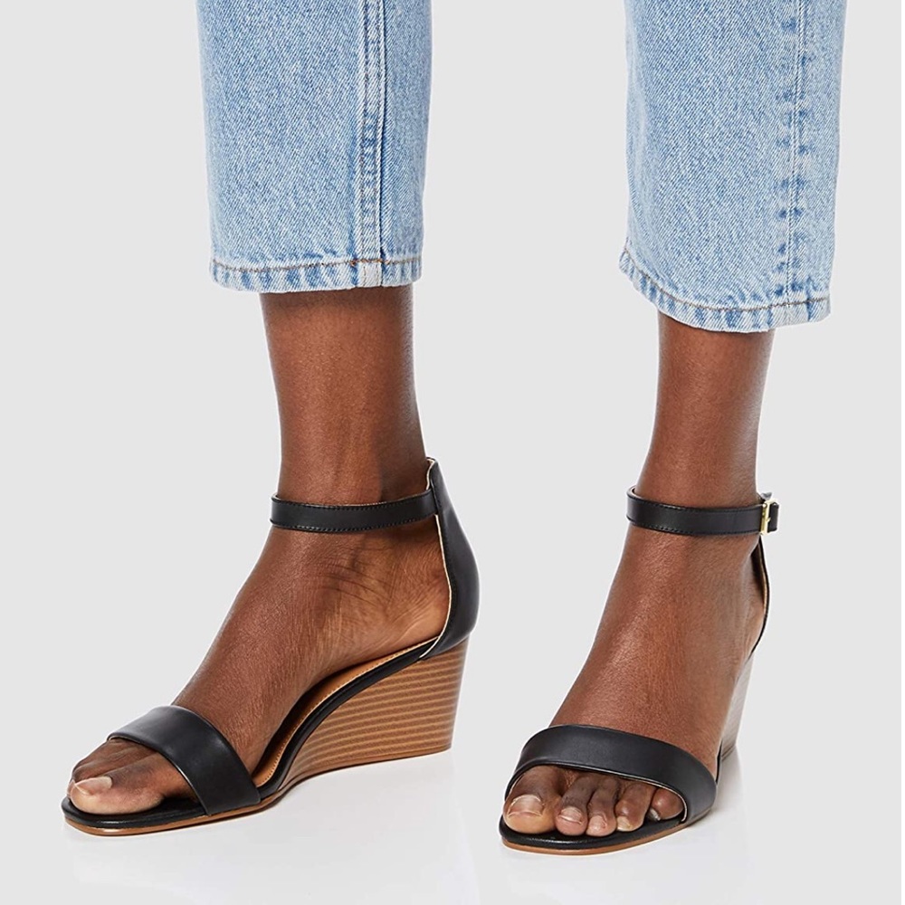 Black Summer Leather Kitten Heel Wedge Sandal - Picture 5 of 13